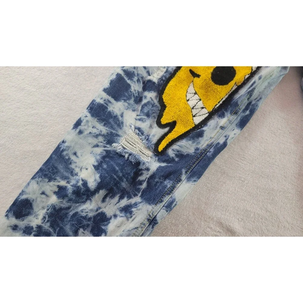 Shein Men's Tie Dye Cartoon Graphic Patched Jeans Blue Distressed Size 40